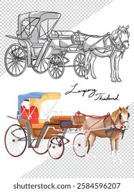 Horse carriage, Lampang, Thailand. Hand drawing outline.