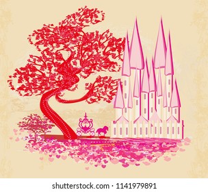 Horse carriage and a medieval castle - pink card