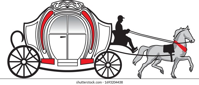 Horse Carriage Side View, Symbol Of Romance,  For Wedding Cards, White Background Symbol, Vector Illustration