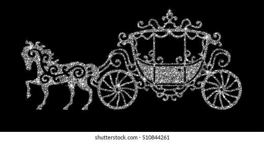 Horse carriage silver silhouette. Vector illustration. Art silver glitter icon. Creative concept for web, glow light confetti, bright sequins, sparkle tinsel, abstract bling, shimmer dust.