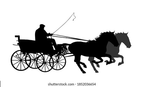 Coches de caballos con cochero con látigo en la mano y dos caballos en la ilustración de silueta vectorial galopante aislados en el fondo blanco. Wagoner en carrera rápida. Viejo transporte de bodas.