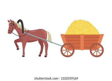 a horse carries a cart with hay. transportation of goods in the village. flat vector illustration.