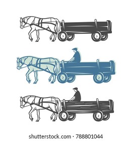 Horse with cart. Black and white vector objects.