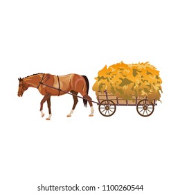 Horse with cart full of hay. Vector illustration isolated on white background