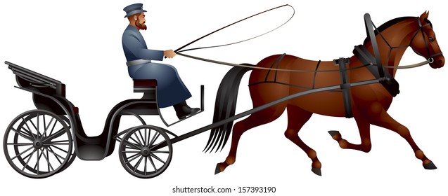 Horse cart, izvozchik, coachman on droshky, horse-drawn carriage, four-wheeled public carriages used in Russia and other countries, XIX century passenger transport, predecessor of taxi