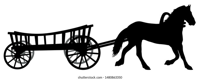 Horse with a cart. Wagon with a steed. Vector silhouette