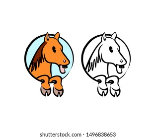 Horse cartoon character in circle, logo design. Animal, pet, hippodrome horse racing and ranch, vector design and illustration