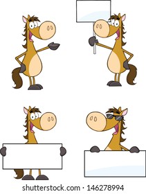 Horse Cartoon Character Different Poses. Vector Collection