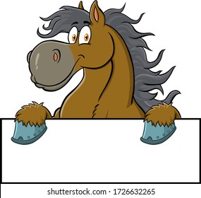 Horse Cartoon Character Over A Blank Sign. Vector Illustration Isolated On White Background