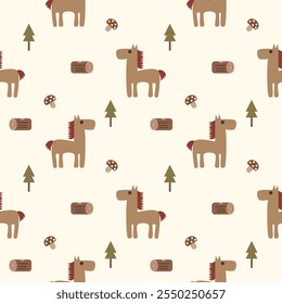 Horse cartoon so cute. On tree mushroom timber background. Pattern seamless vector illustration. 