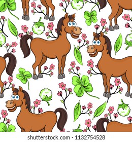 Horse cartoon drawing seamless pattern, vector illustration. Funny cute painted brown horse, pink flowers and clover leaves on white background. For fabric design, children wallpaper, colorful print