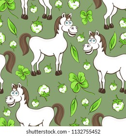 Horse cartoon drawing seamless pattern, vector illustration. Funny cute painted white horse flowers and clover leaves on green background. For fabric design, children wallpaper, colorful print