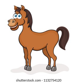 Horse Cartoon Drawing, Vector Illustration. Funny Cute Painted Brown Horse With Blue Eyes Isolated On White Background, Animated Character, Drawn Cheerful Animal, Children Print