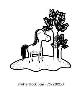 horse cartoon in forest next to the trees in black silhouette with thick contour