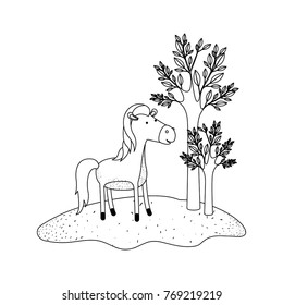 horse cartoon in forest next to the trees in monochrome silhouette