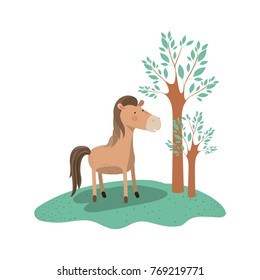 horse cartoon in forest next to the trees in colorful silhouette