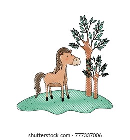 horse cartoon in forest next to the trees in colored crayon silhouette