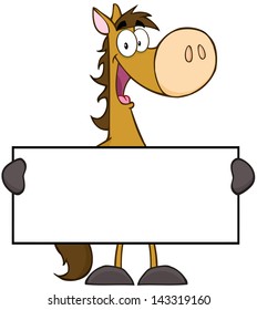 Horse Cartoon Mascot Character Holding A Banner. Vector Illustration