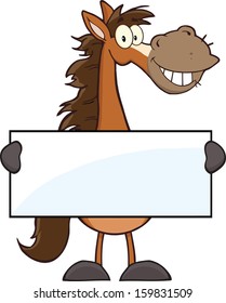 Horse Cartoon Mascot Character Holding A Banner. Vector Illustration Isolated on white