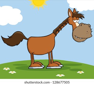 Horse Cartoon Mascot Character On A Meadow