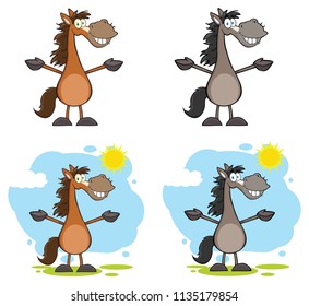 Horse Cartoon Mascot Character Set. Vector Collection Isolated On White Background