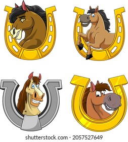 Horse Cartoon Mascot Characters In A Horseshoe. Vector Collection Set Isolated On White Background