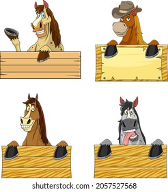 Horse Cartoon Mascot Characters Over A Blank Sign Board. Vector Collection Set Isolated On White Background