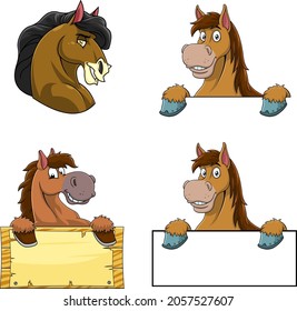 Horse Cartoon Mascot Characters Over A Blank Sign Board. Vector Collection Set Isolated On White Background