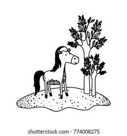 horse cartoon next to the trees in black sections silhouette