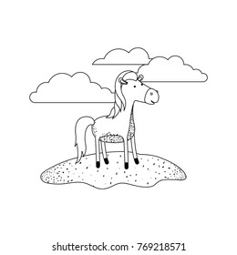 horse cartoon in outdoor scene with clouds in monochrome silhouette
