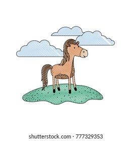 horse cartoon in outdoor scene with clouds in colored crayon silhouette with thin contour