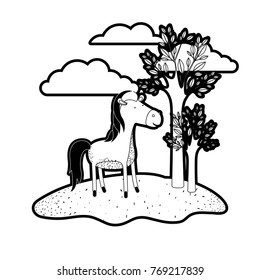 horse cartoon in outdoor scene with trees and clouds in black silhouette with thick contour