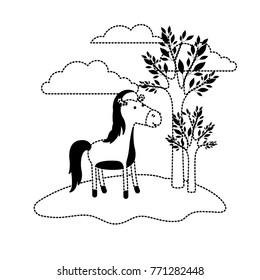 horse cartoon in outdoor scene with trees and clouds in black dotted silhouette