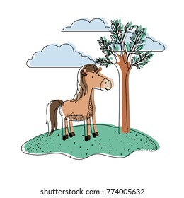 horse cartoon in outdoor scene with trees and clouds in watercolor silhouette