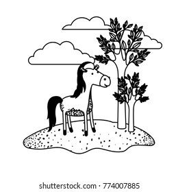 horse cartoon in outdoor scene with trees and clouds in black sections silhouette