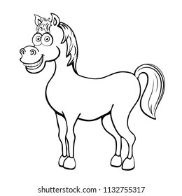 Horse Cartoon Outline Drawing, Coloring, Sketch, Silhouette, Vector Black And White Line Illustration. Funny Cute Painted Animal Isolated On White Background, Animated Character, Children Print