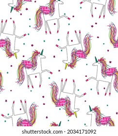 Patrón de dibujos animados de caballos con contornos lisos, ilustración vectorial, estrellas posicionadas al azar como una combinación