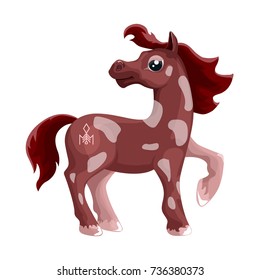 Horse in cartoon style. Piebald Mustang with a brand on the rump. The horse Indian. Vector