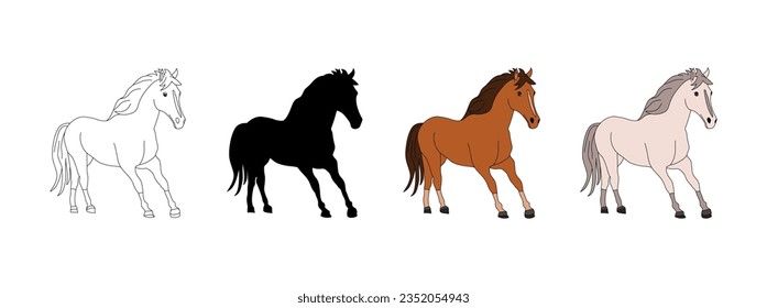 Horse in cartoon style. Silhouette, outline, coloring bay, white horse. Isolated vector. Wild and domestic horse. Postcard, emblem, badge, equestrian club, hippodrome, pet shop, coloring book