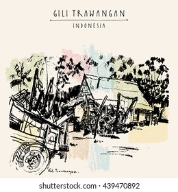 Horse carts, palm trees, house. Gili Trawangan island, West Nusa Tenggara, Indonesia, Asia. Travel sketch. Hand-drawn vintage book illustration, greeting card, postcard or poster template in vector