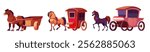Horse carts set isolated on white background. Vector cartoon illustration of old wooden carriages for passenger transportation, farm cargo wagon pulled by animal, vintage rural and city transport