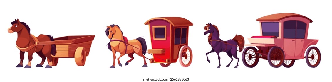 Horse carts set isolated on white background. Vector cartoon illustration of old wooden carriages for passenger transportation, farm cargo wagon pulled by animal, vintage rural and city transport