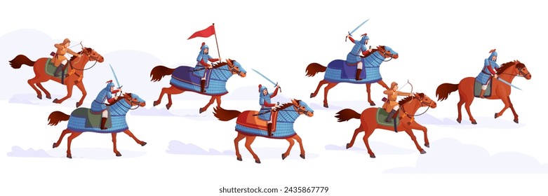 Caballería de caballo. Historia caballos guerreros escena de la batalla, antiguo ejército real horseguard, guerra china guerrero hun o mongol caballería soldados medievales ataque, ingeniosa ilustración vectorial de la historia guerrero