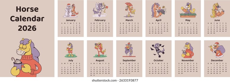 Horse character calendar layout for 2026 with cartoon pony illustrations for each month. Flat vector design with seasonal and holiday themes.