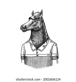 Carácter de caballo con abrigo. Jugador de polo Dobbin. Un animal de moda, un caballero vitoriano con una chaqueta. Dibujo a mano Dibujo grabado antiguo monocromo. Ilustración vectorial para camisetas, tatuajes o insignias