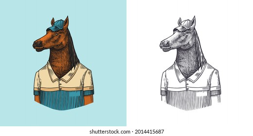 Horse character in coat. Dobbin polo player. Fashionable animal, vitorian gentleman in a jacket. Hand drawn Engraved old monochrome sketch. Vector illustration for t-shirt, tattoo or badge or print