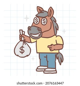 Horse character holding bag of money and smiling. Hand drawn character. Vector Illustration