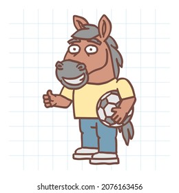 Horse character showing thumbs up and holding soccer ball. Hand drawn character. Vector Illustration