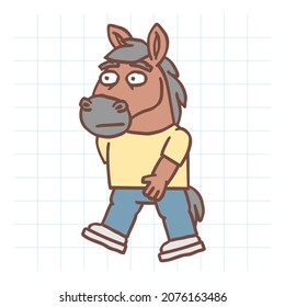 Horse character walks. Hand drawn character. Vector Illustration