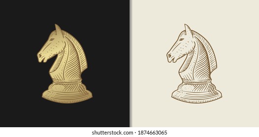 Horse Chess in Luxury gold hand drawn engraving style. Chess piece in vintage style